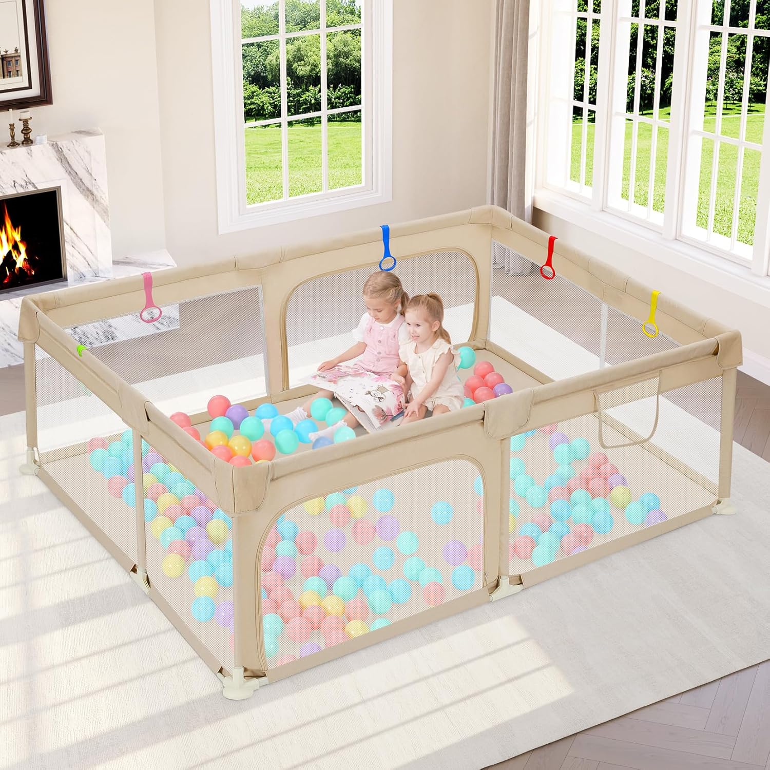 Dripex Large Baby Playpen — 71" × 47", Khaki
